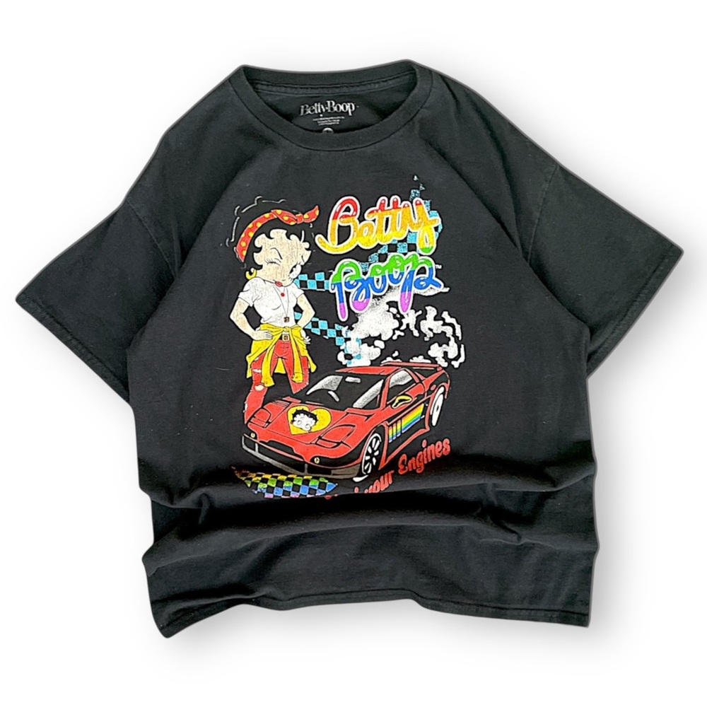 Betty Boop Black Tee with Red Race Car and Rainbow Script